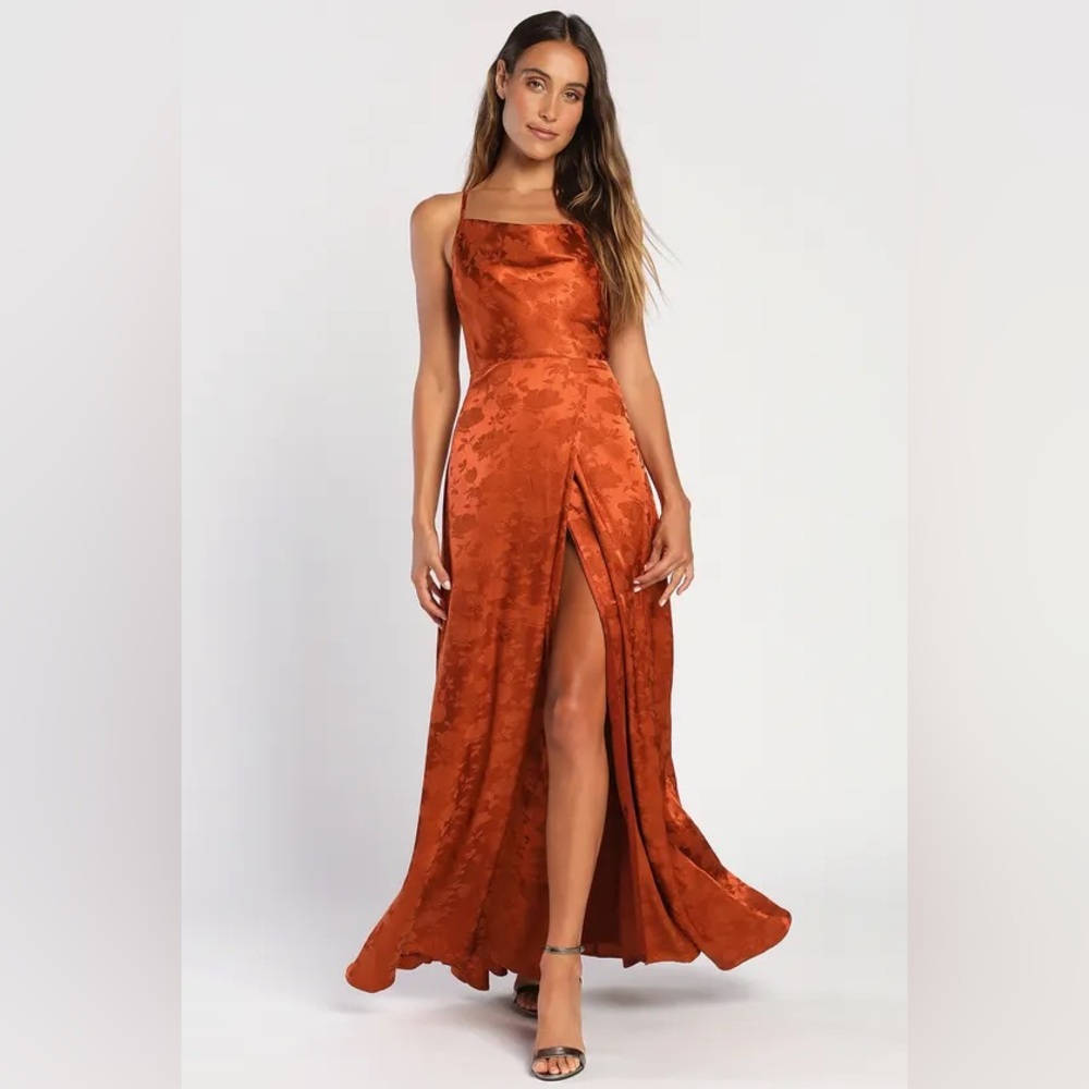 Simply Dreamy Rust Orange Satin Floral Jacquard Maxi Dress